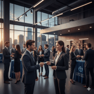 Business professionals networking and exchanging business cards at corporate evening event in modern office venue